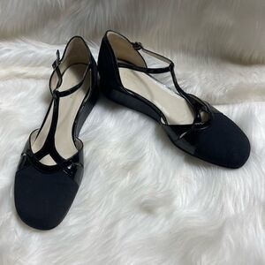 Rangoni black patent leather and nylon ankle T Strap wedge shoes size 10 .